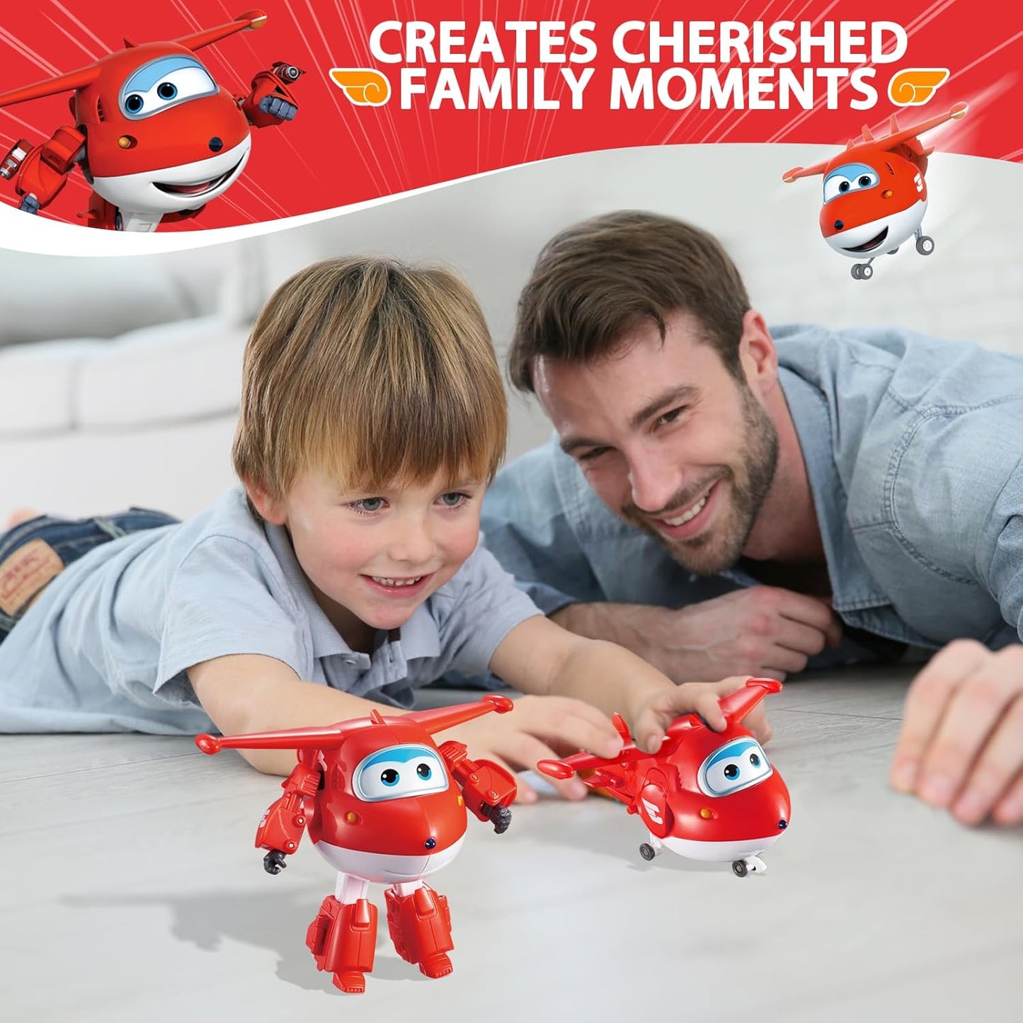 Super Wings - 5" Transforming 2-Pack Supercharged Jett & Super Pet Jett Airplane Toys | New from Season 5 | Airplane to Robot | Preschool Birthday Gifts for 3 4 5 Year Old Kids | with Light Effect