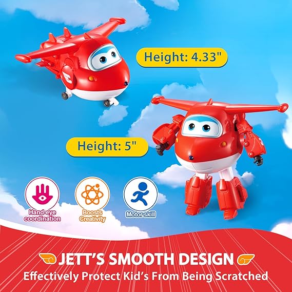 Super Wings - 5" Transforming 2-Pack Supercharged Jett & Super Pet Jett Airplane Toys | New from Season 5 | Airplane to Robot | Preschool Birthday Gifts for 3 4 5 Year Old Kids | with Light Effect
